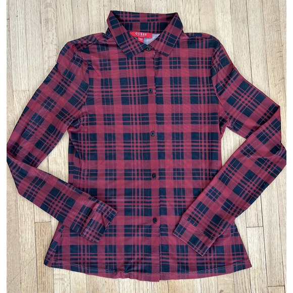 Guess Lightweight Plaid Blouse Red & Black Check Top Women's S Small - Picture 1 of 7